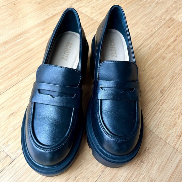NWOB Schutz Black Leather Viola Tractor Slip-On Platform Penny Loafer Chunky Lug - Picture 9 of 14